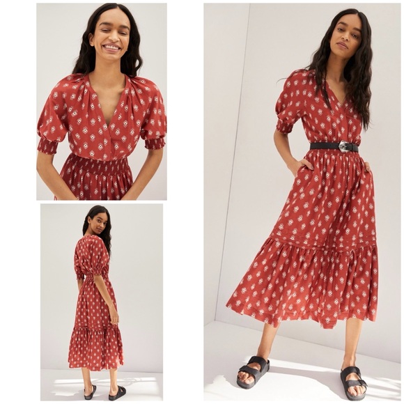 Anthropologie Dresses & Skirts - EUC by ANTHROPOLOGIE Felipa Crimson Ikat Cottagecore Boho Flounce Midi Dress M